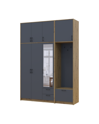 Kleiderschrank Doros Rondi mit Kleiderstange, Spiegel und hohem Oberschrank Artisan Eiche/Graphitgrau 3 Türen 181x52x260 (42005291)