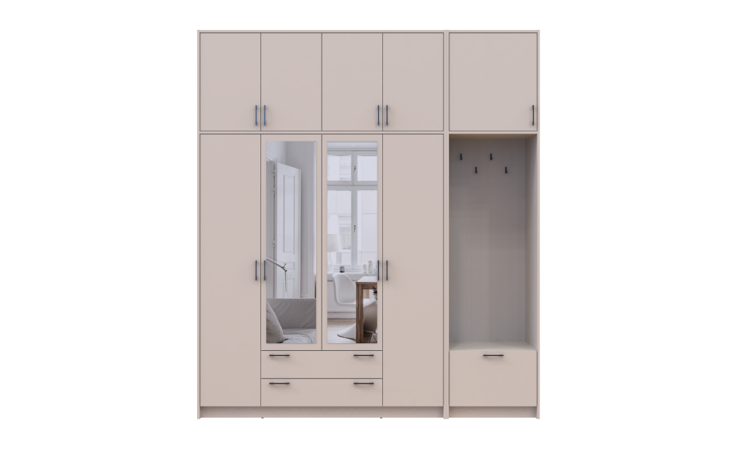 Kleiderschrank Doros Rondi mit Kleiderstange, Spiegel und hohem Oberschrank Kaschmir 4 Türen 220x52x260 (42005408)