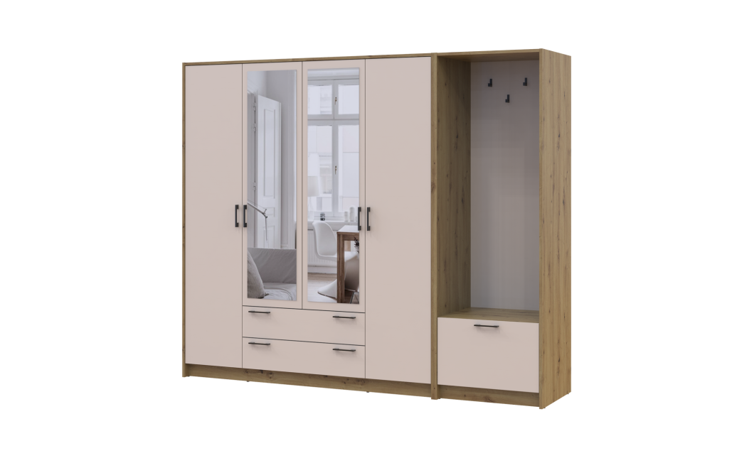 Drehtürenschrank Doros Rondi mit Kleiderstange und Spiegel Artisan Eiche/Kaschmir 4 Türen 220x52x195 (42005294)