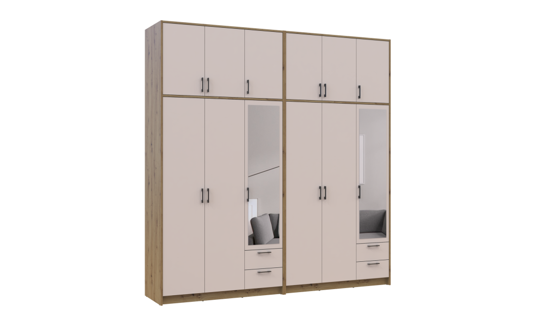 Kleiderschrank mit Spiegel und hohem Aufsatz Doros Rondi Artisan Eiche/Kaschmir 3+3 Türen 242x52x260 (42005683)