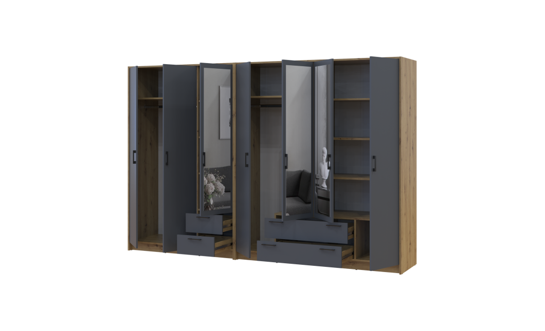 Kleiderschrank mit Spiegel Doros Rondi Artisan Eiche/Graphit 3+4 Türen 281x52x195 (42005697)