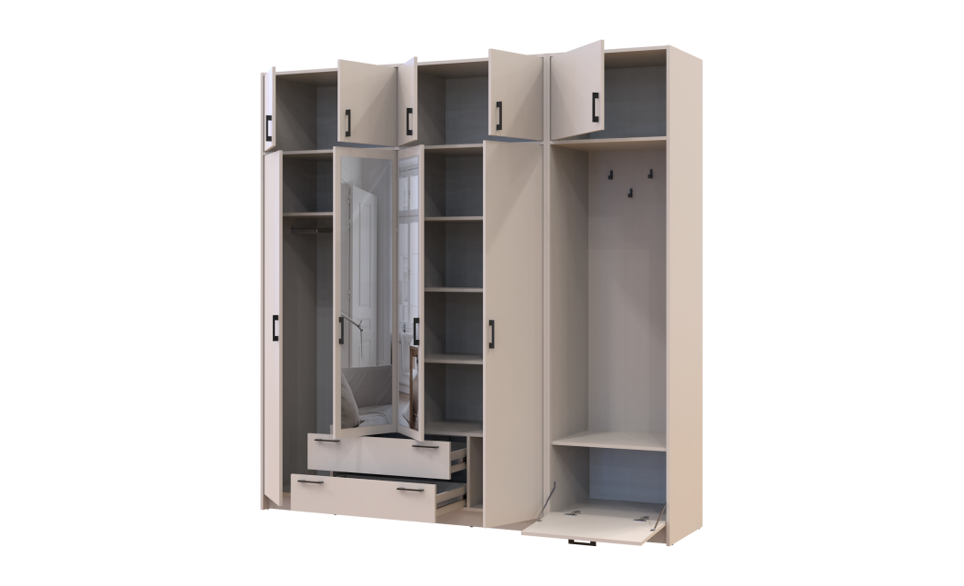 Kleiderschrank Doros Rondi mit Kleiderstange, Spiegel und Oberschrank Kaschmir 4 Türen 220x52x236 (42005405)