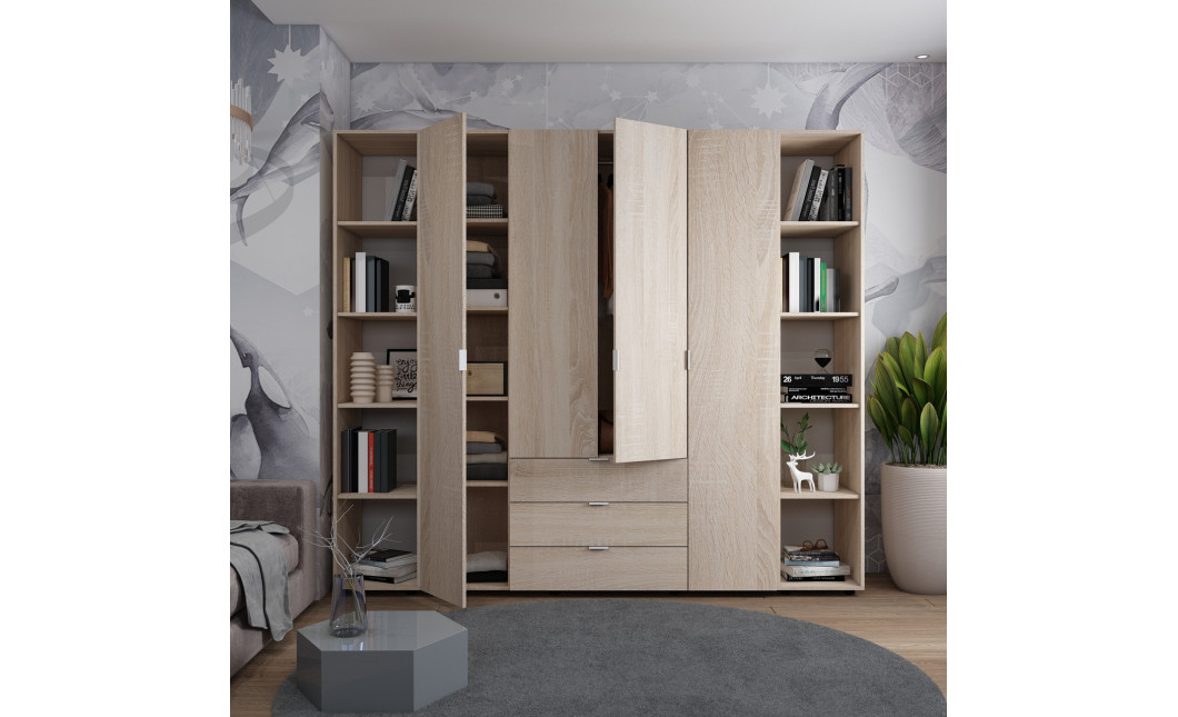 Kleiderschrank Doros Gelar Sonoma Eiche 4 Türen mit 2 offenen Regalböden 231,4x49,5x203,4 (42005050)