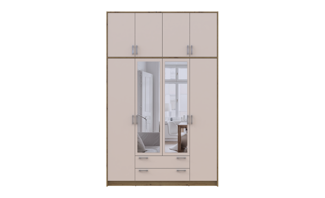 Kleiderschrank Doros Rondi mit Drehtüren mit Oberschrank und Spiegel Artisan Eiche / Kaschmir 4 Türen 160x52x260 (42005197)