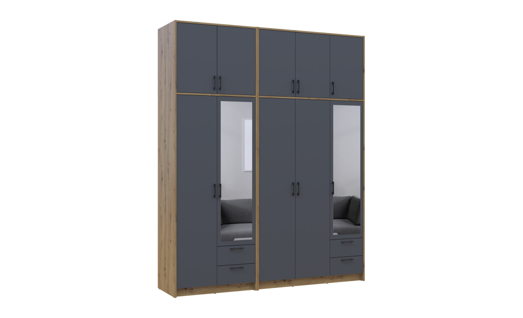 Kleiderschrank mit Spiegel und hohem Aufsatz Doros Rondi Artisan Eiche/Graphit 2+3 Türen 203x52x260 (42005715)