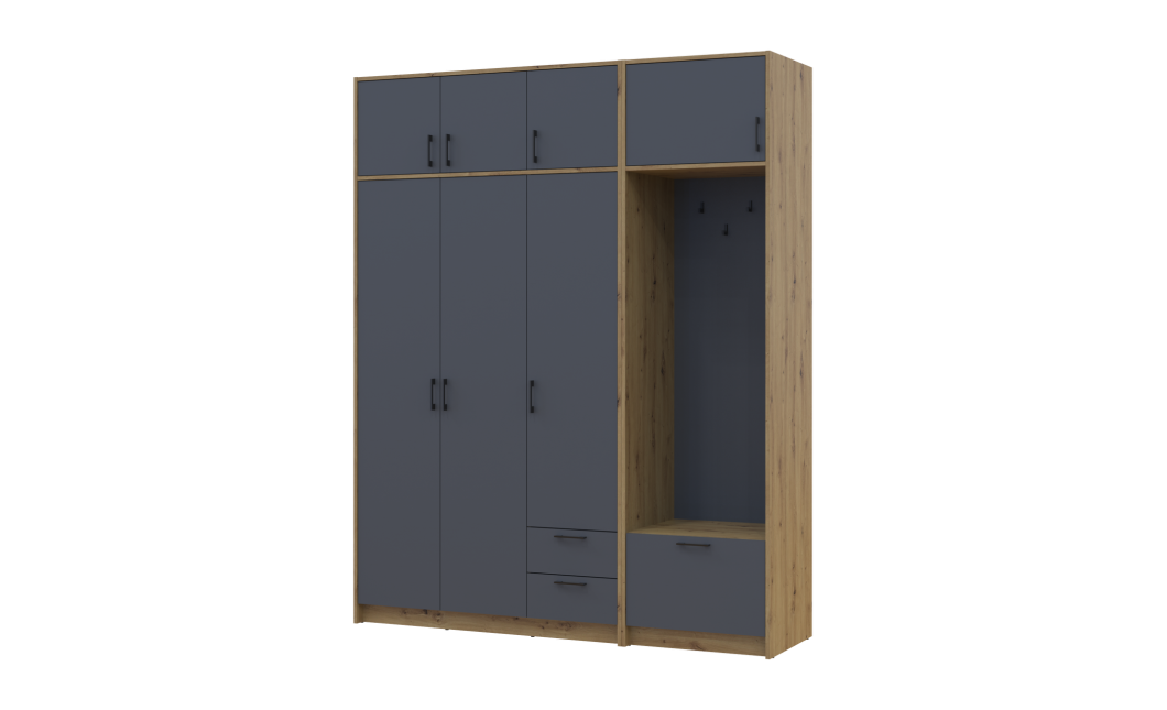 Drehtürenschrank Doros Rondi mit Kleiderstange und Oberschrank Artisan Eiche/Graphitgrau 3 Türen 181x52x236 (42005285)