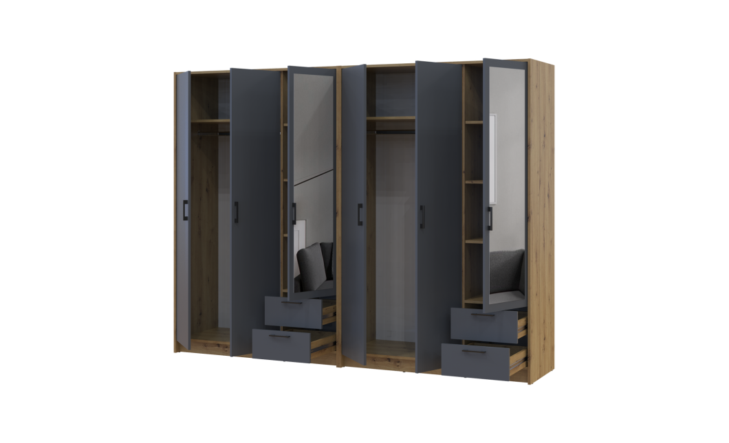 Kleiderschrank mit Spiegel Doros Rondi Artisan Eiche/Graphit 3+3 Türen 242x52x195 (42005695)