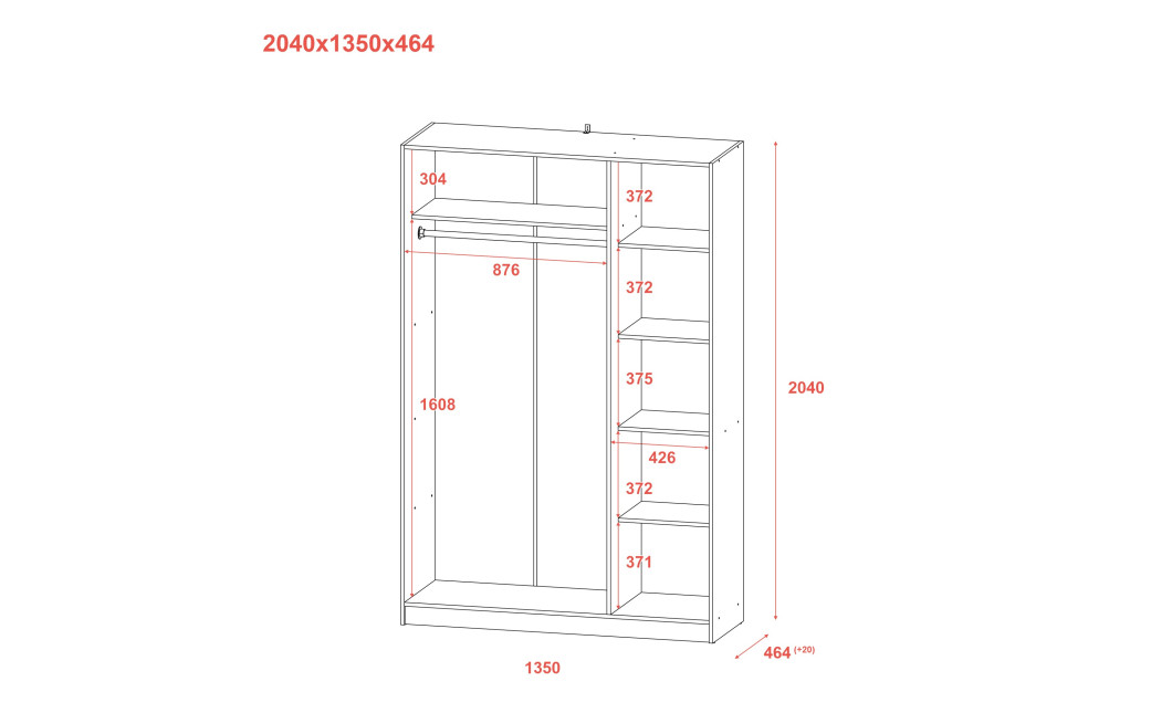 Kleiderschrank Doros Promo mit Drehtüren Grau 3 Türen 135x48x204 (80737765)