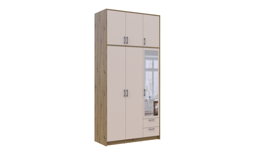 Kleiderschrank Doros Rondi mit Drehtüren mit Oberschrank und Spiegel Artisan Eiche / Kaschmir 3 Türen 121x52x260 (42005196)
