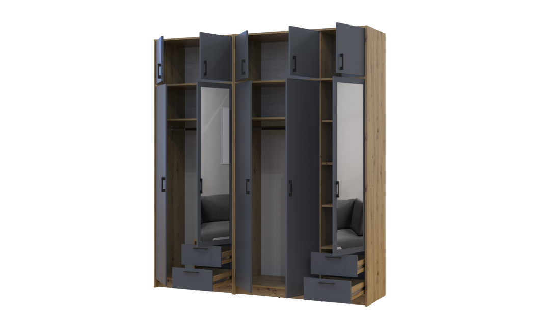 Kleiderschrank mit Spiegel und Aufsatz Doros Rondi Artisan Eiche/Graphit 2+3 Türen 203x52x236 (42005703)