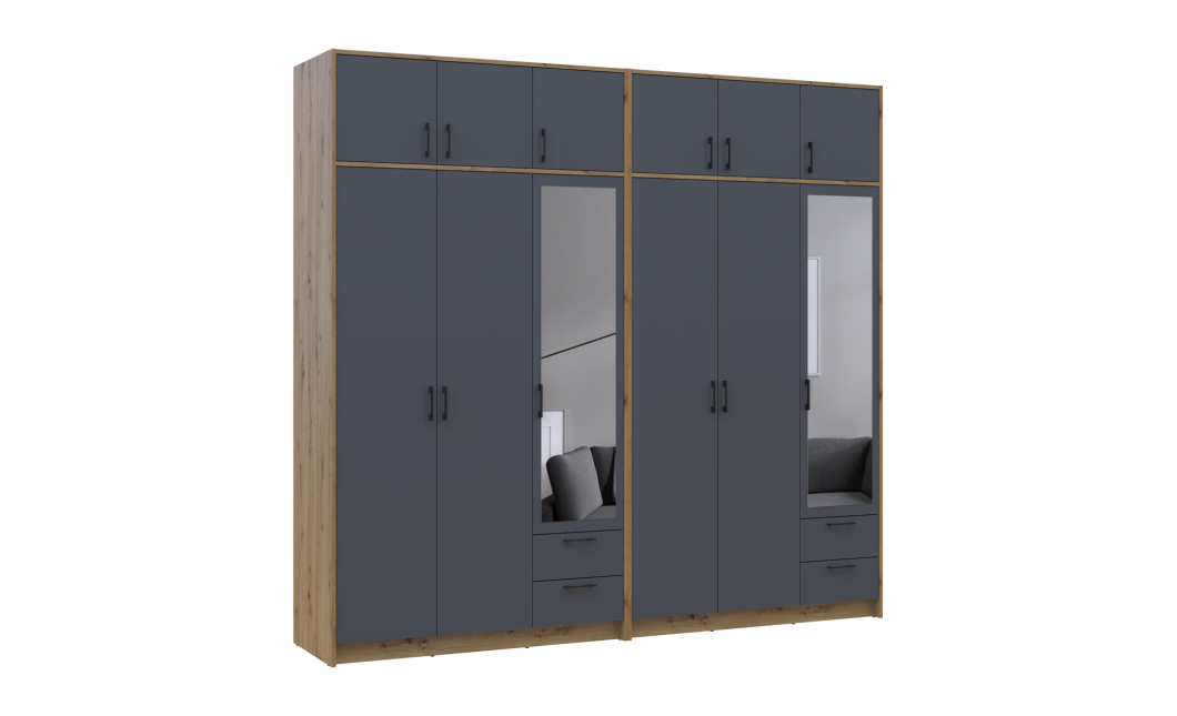 Kleiderschrank mit Spiegel und Aufsatz Doros Rondi Artisan Eiche/Graphit 3+3 Türen 242x52x236 (42005707)
