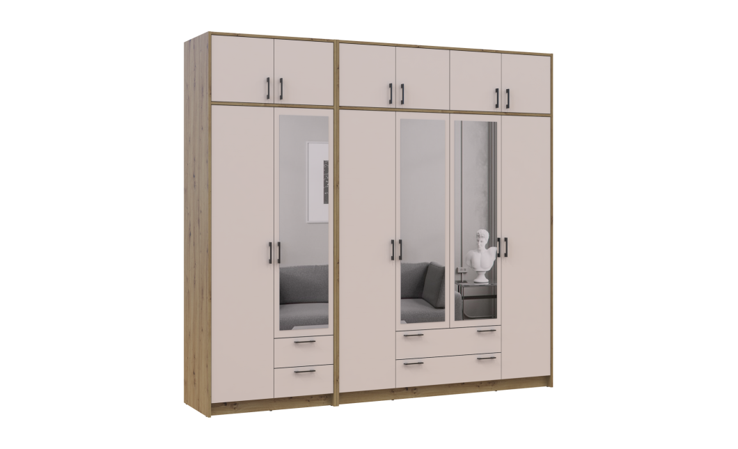 Kleiderschrank mit Spiegel und Aufsatz Doros Rondi Artisan Eiche/Kaschmir 2+4 Türen 242x52x236 (42005669)