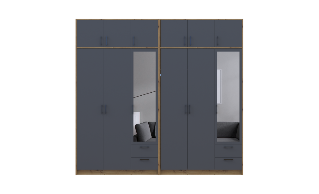 Kleiderschrank mit Spiegel und Aufsatz Doros Rondi Artisan Eiche/Graphit 3+3 Türen 242x52x236 (42005707)