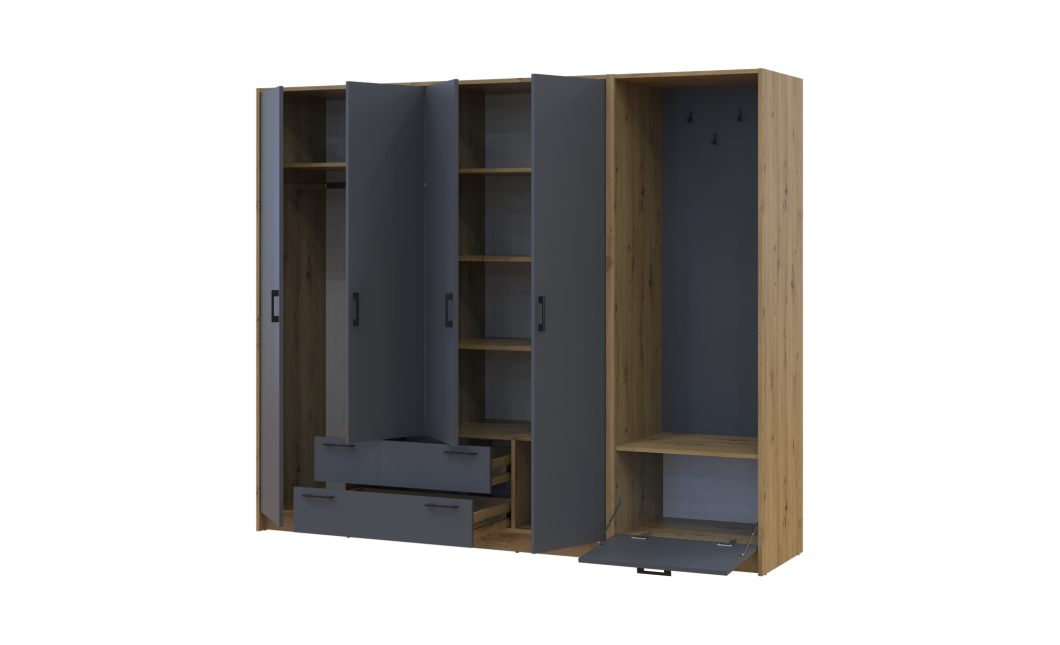 Drehtürenschrank Doros Rondi mit Kleiderstange Artisan Eiche/Graphitgrau 4 Türen 220x52x195 (42005293)