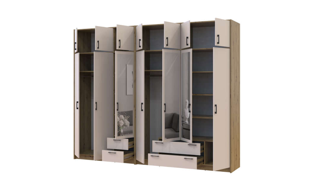Kleiderschrank mit Spiegel und Aufsatz Doros Rondi Artisan Eiche/Kaschmir 3+4 Türen 281x52x236 (42005673)