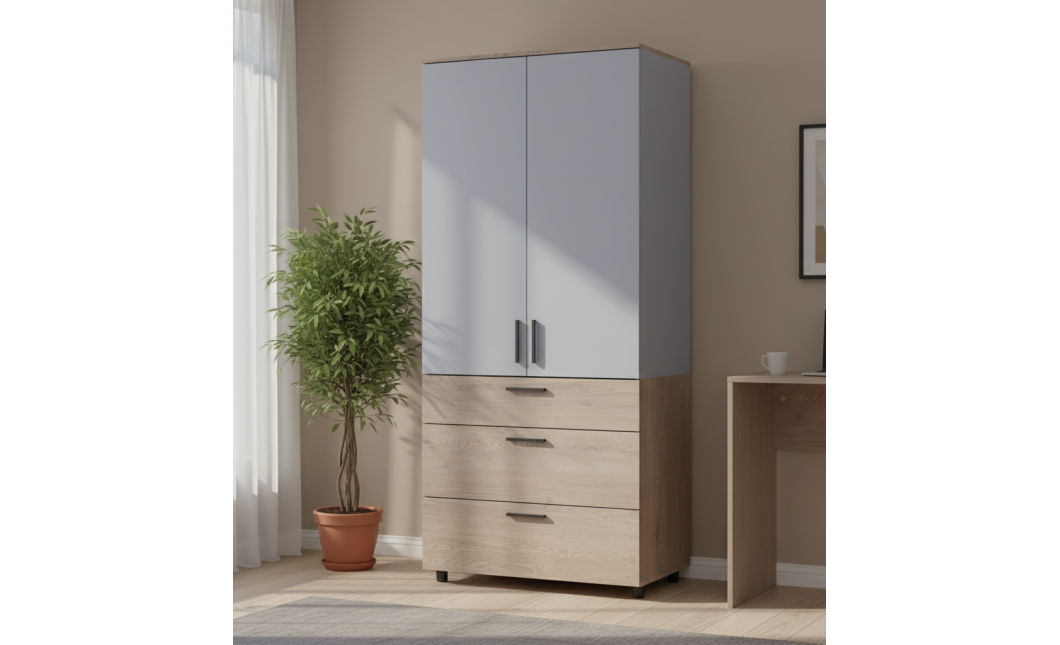 Kleiderschrank Doros Thorn Cremona Cannolo/Grau 2 Türen 3 Schubladen Kleiderstange 90x51,6x200 (44900457)
