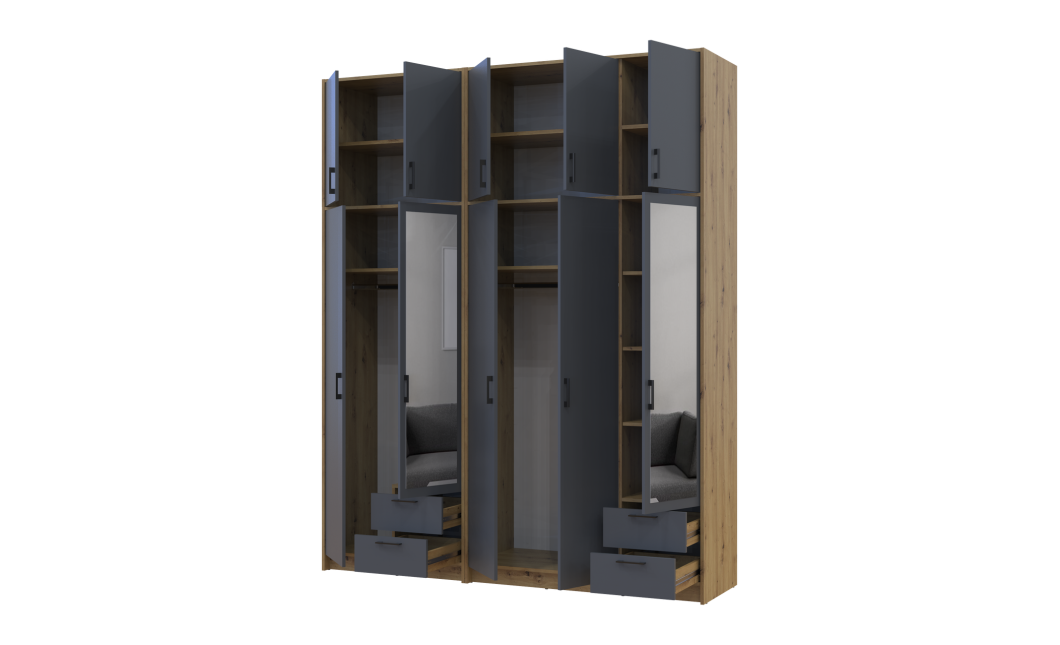 Kleiderschrank mit Spiegel und hohem Aufsatz Doros Rondi Artisan Eiche/Graphit 2+3 Türen 203x52x260 (42005715)