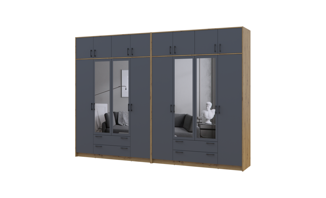 Kleiderschrank mit Spiegel und Aufsatz Doros Rondi Artisan Eiche/Graphit 4+4 Türen 320x52x236 (42005711)