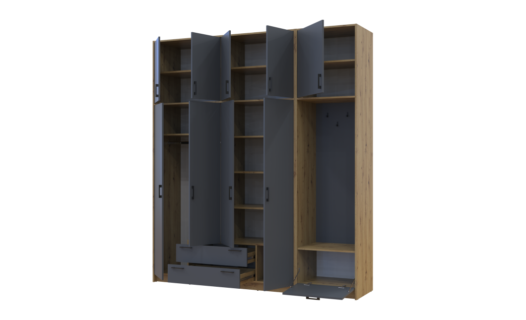 Drehtürenschrank Doros Rondi mit Kleiderstange und hohem Oberschrank Artisan Eiche/Graphitgrau 4 Türen 220x52x260 (42005301)