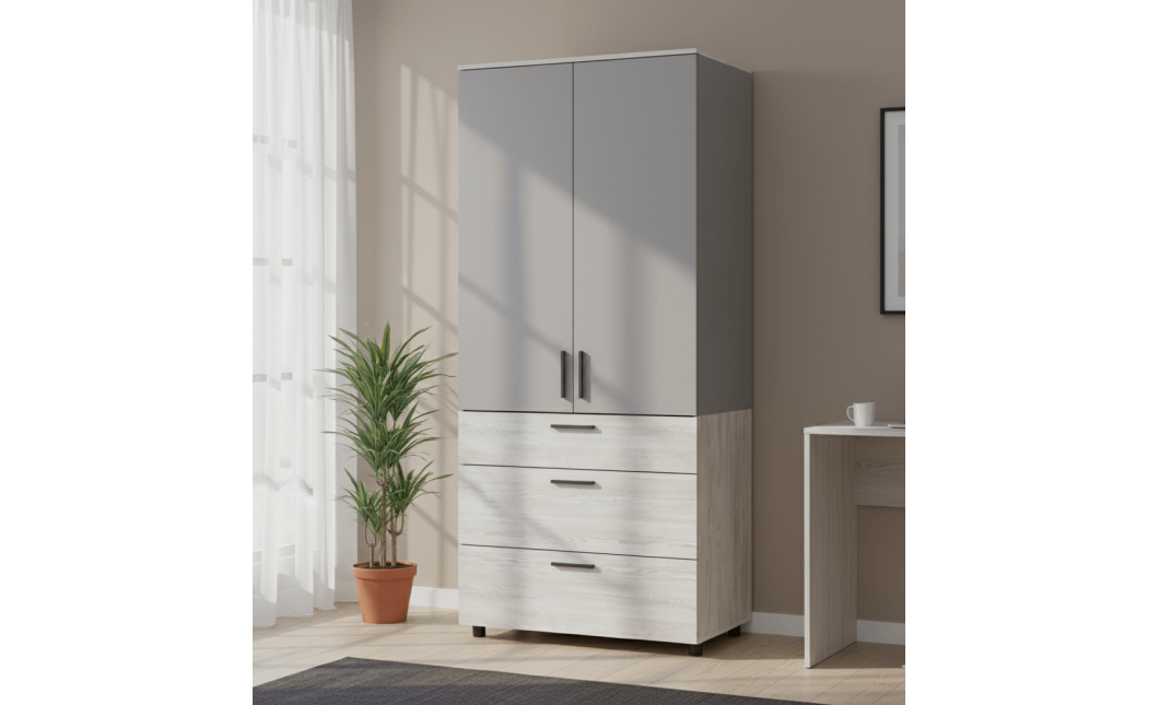 Kleiderschrank Doros Thorn Natti Kiefer/Grau 2 Türen 3 Schubladen Böden 90x51,6x200 (44900466)