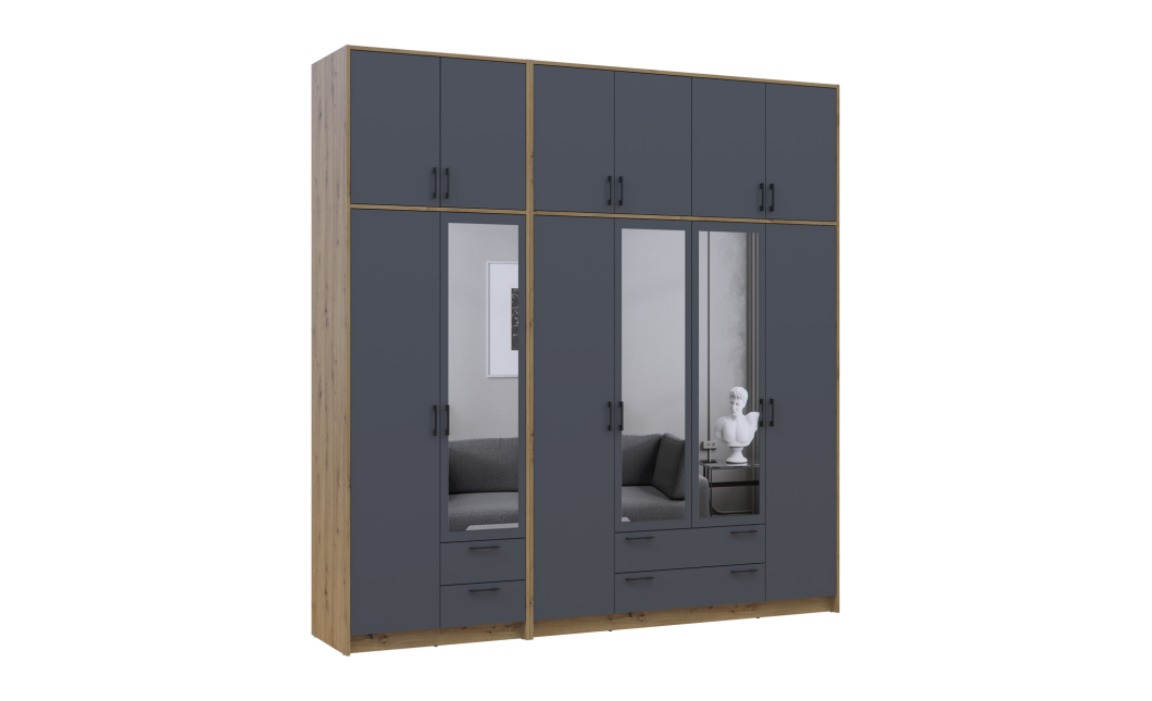 Kleiderschrank mit Spiegel und hohem Aufsatz Doros Rondi Artisan Eiche/Graphit 2+4 Türen 242x52x260 (42005717)
