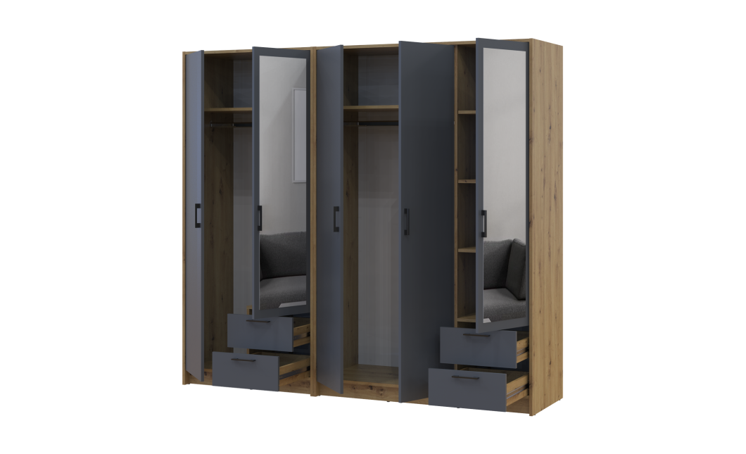 Kleiderschrank mit Spiegel Doros Rondi Artisan Eiche/Graphit 2+3 Türen 203x52x195 (42005691)
