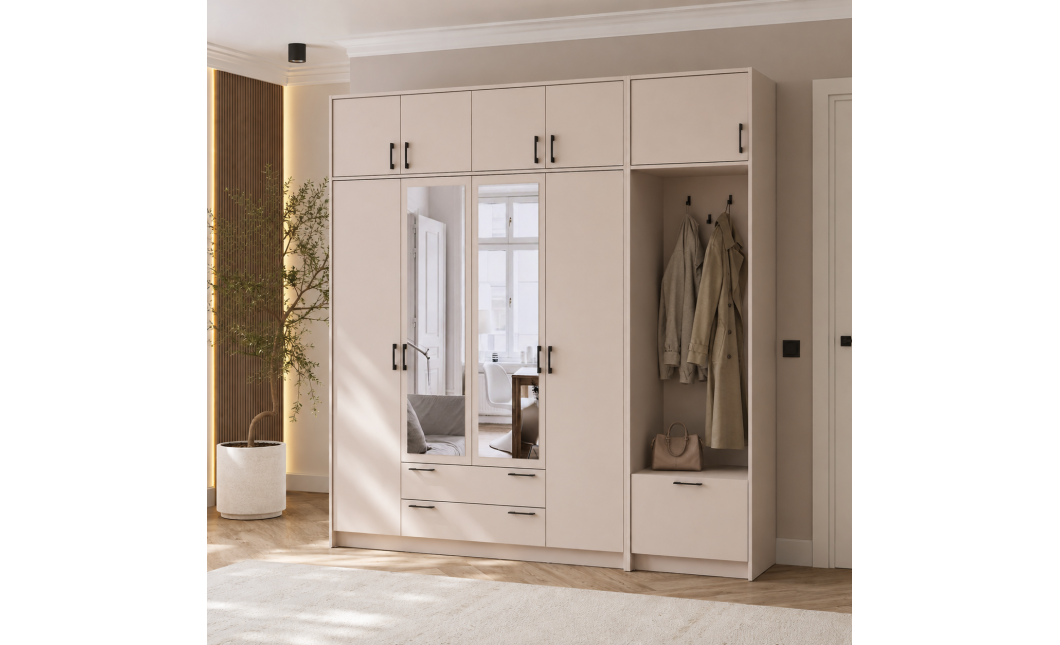 Kleiderschrank Doros Rondi mit Kleiderstange, Spiegel und Oberschrank Kaschmir 4 Türen 220x52x236 (42005405)