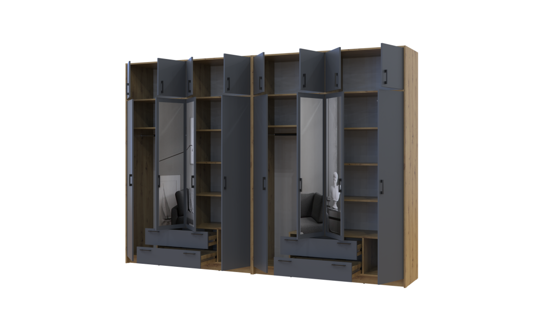 Kleiderschrank mit Spiegel und Aufsatz Doros Rondi Artisan Eiche/Graphit 4+4 Türen 320x52x236 (42005711)