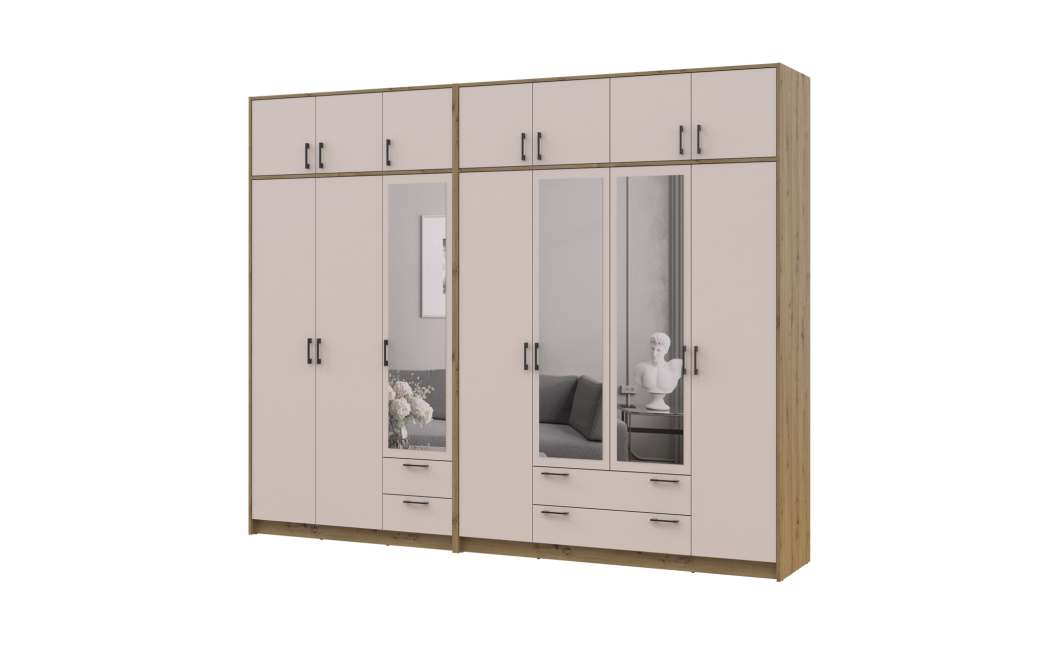 Kleiderschrank mit Spiegel und Aufsatz Doros Rondi Artisan Eiche/Kaschmir 3+4 Türen 281x52x236 (42005673)