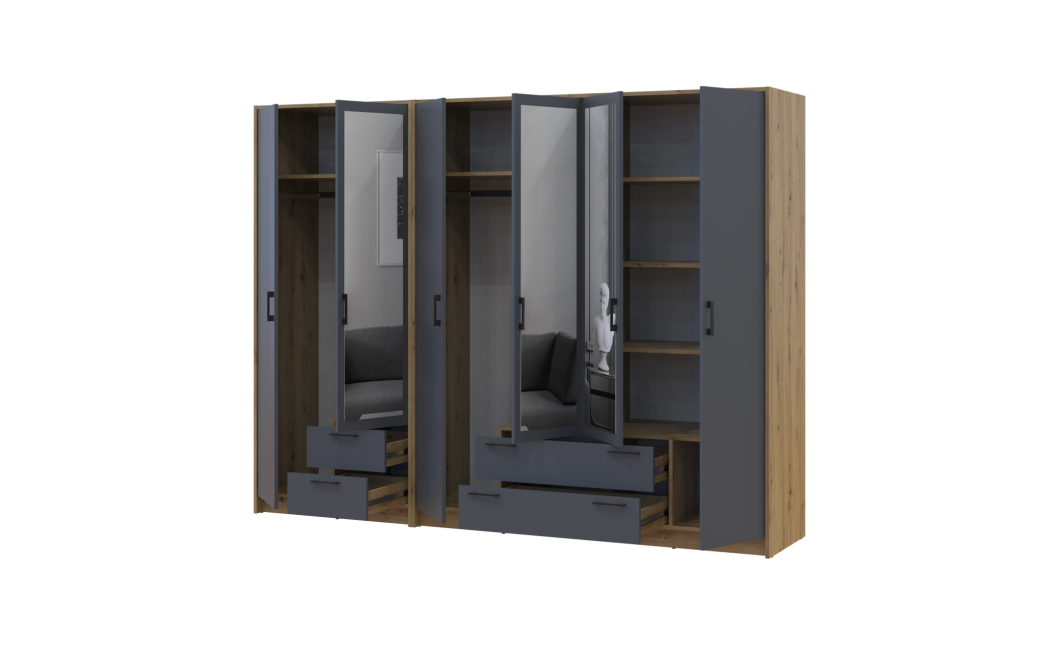 Kleiderschrank mit Spiegel Doros Rondi Artisan Eiche/Graphit 2+4 Türen 242x52x195 (42005693)