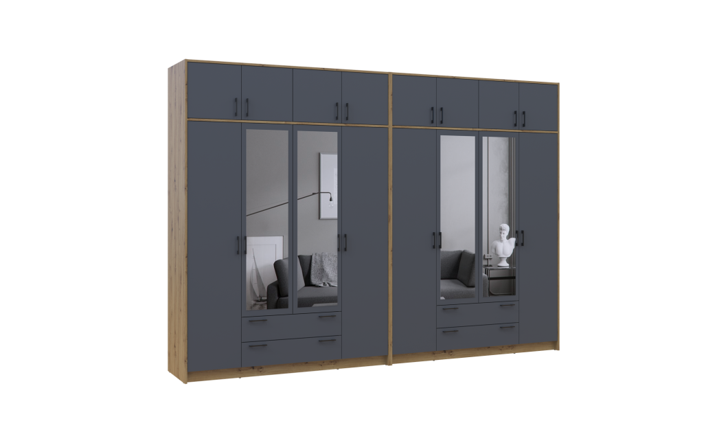 Kleiderschrank mit Spiegel und Aufsatz Doros Rondi Artisan Eiche/Graphit 4+4 Türen 320x52x236 (42005711)