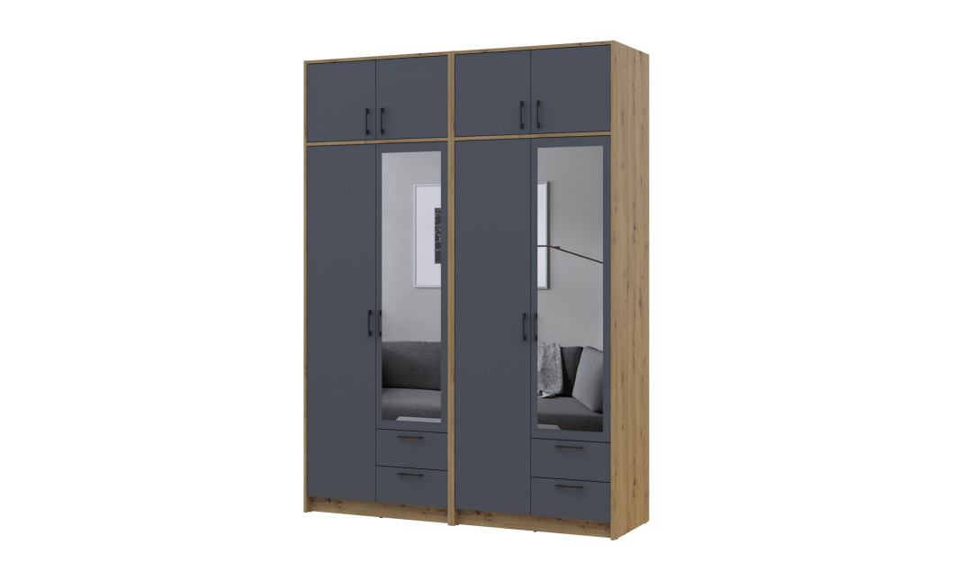 Kleiderschrank mit Spiegel und Aufsatz Doros Rondi Artisan Eiche/Graphit 2+2 Türen 164x52x236 (42005701)