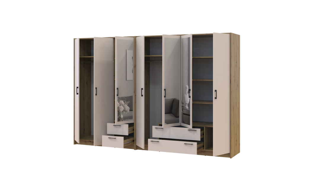 Kleiderschrank mit Spiegel Doros Rondi Artisan Eiche/Kaschmir 3+4 Türen 281x52x195 (42005661)