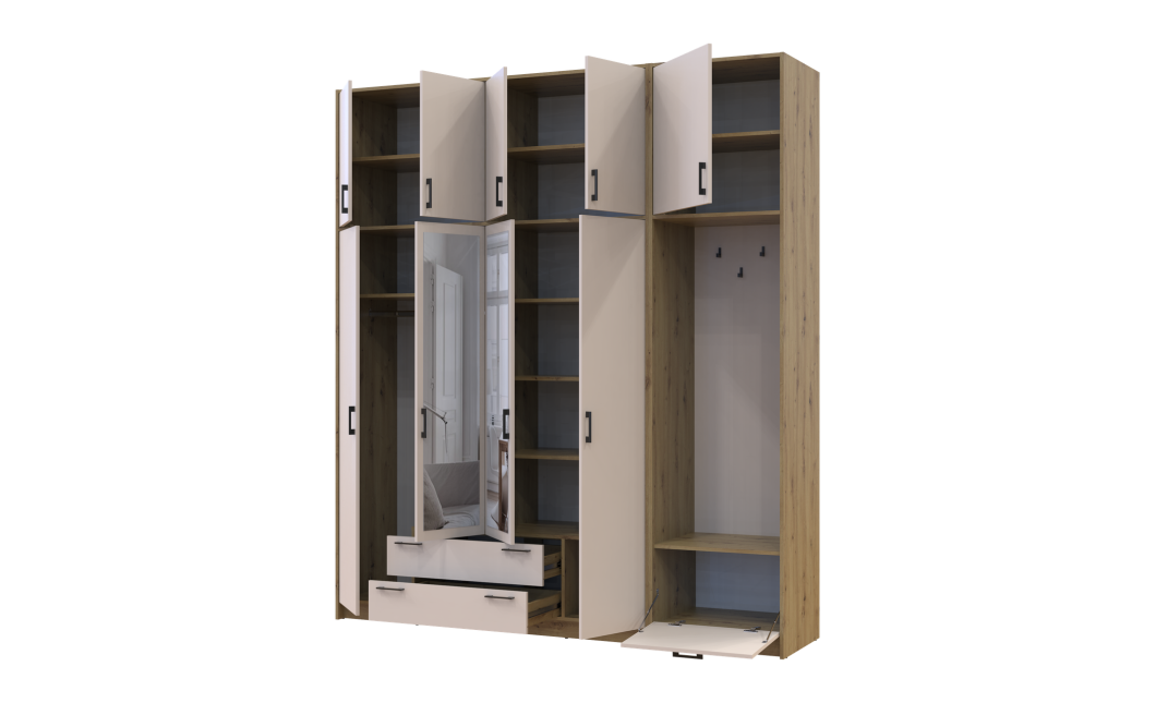Kleiderschrank Doros Rondi mit Kleiderstange, Spiegel und hohem Oberschrank Artisan Eiche/Kaschmir 4 Türen 220x52x260 (42005302)