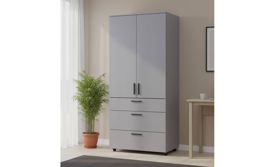 Kleiderschrank Doros Thorn Grau 2 Türen 3 Schubladen Kleiderstange 90x51,6x200 (44900441)