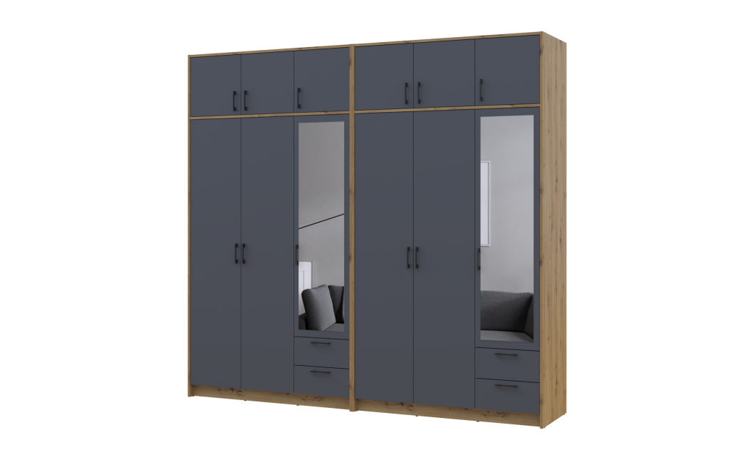 Kleiderschrank mit Spiegel und Aufsatz Doros Rondi Artisan Eiche/Graphit 3+3 Türen 242x52x236 (42005707)