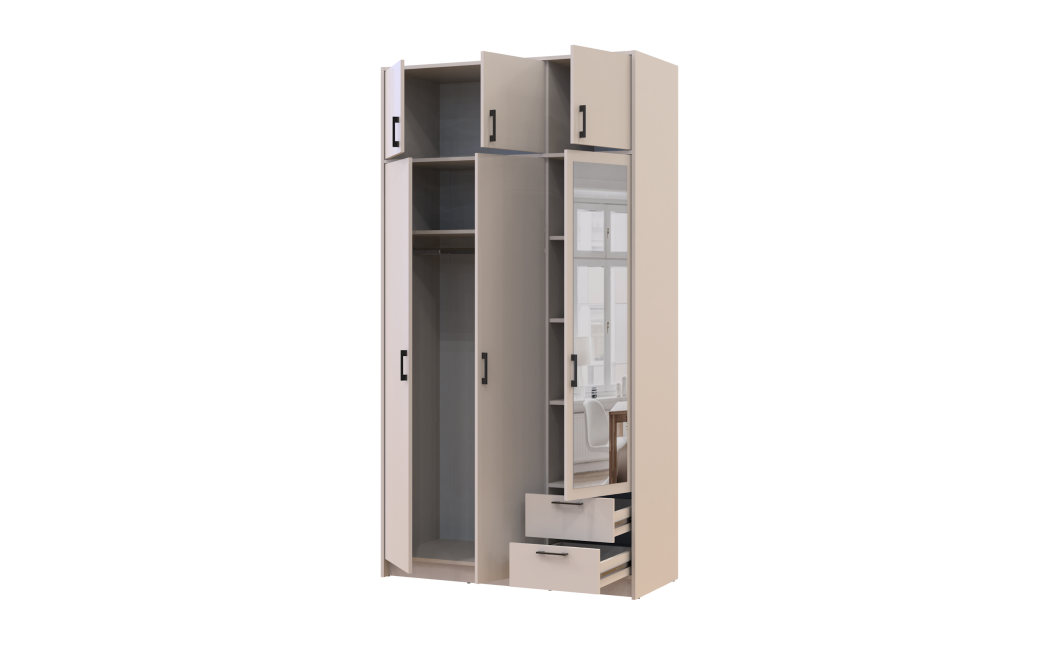 Kleiderschrank Doros Rondi mit Drehtüren mit Oberschrank und Spiegel Kaschmir 3 Türen 121x52x236 (80738475)