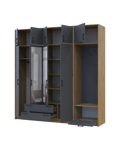 Drehtürenschrank Doros Rondi mit Kleiderstange, Spiegel und Oberschrank Artisan Eiche/Graphitgrau 4 Türen 220x52x236 (42005299)