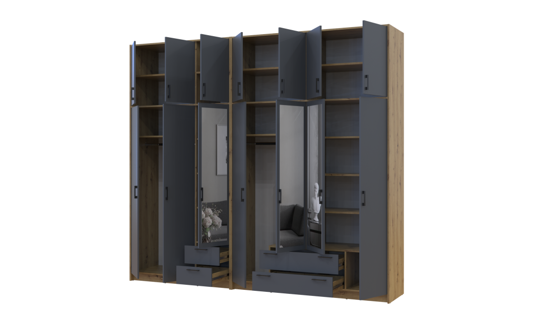 Kleiderschrank mit Spiegel und hohem Aufsatz Doros Rondi Artisan Eiche/Graphit 3+4 Türen 281x52x260 (42005721)