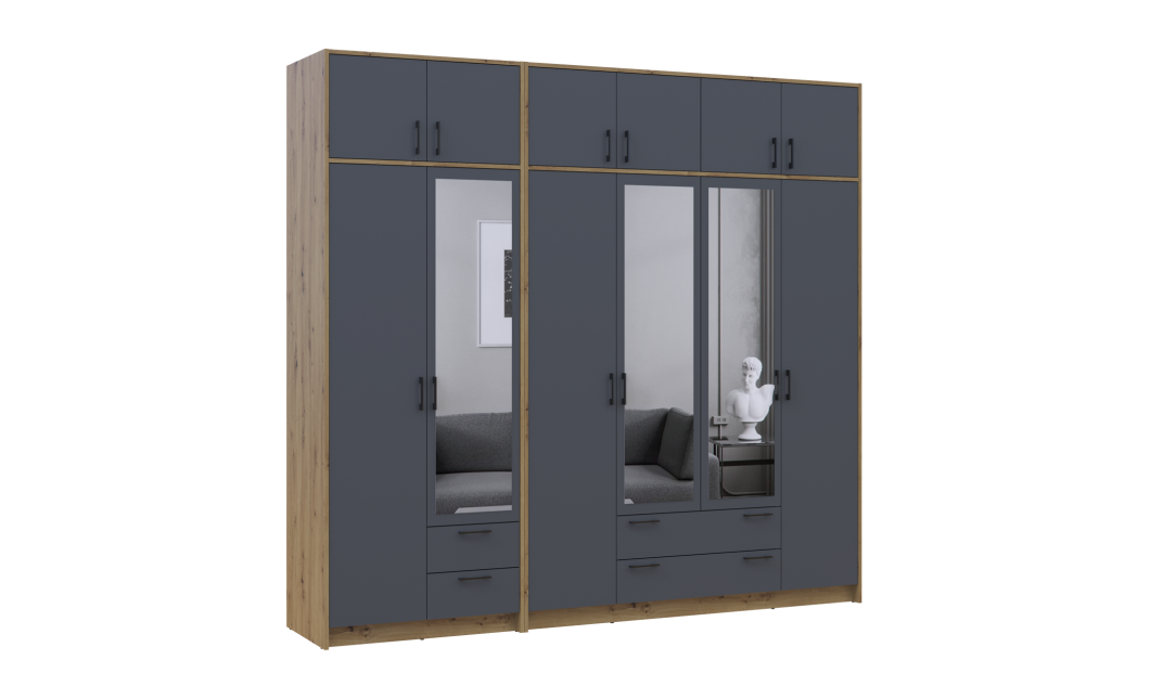 Kleiderschrank mit Spiegel und Aufsatz Doros Rondi Artisan Eiche/Graphit 2+4 Türen 242x52x236 (42005705)