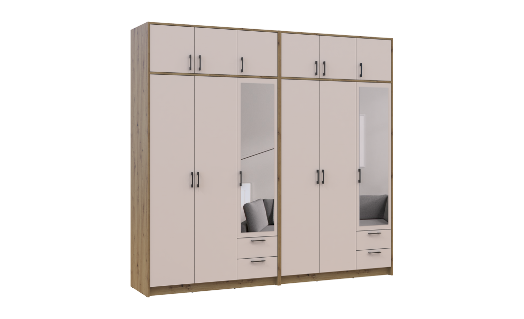 Kleiderschrank mit Spiegel und Aufsatz Doros Rondi Artisan Eiche/Kaschmir 3+3 Türen 242x52x236 (42005671)