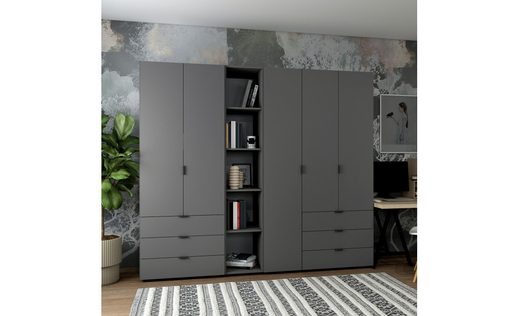 Kleiderschrank Doros Gelar Graphitgrau 2+3 Türen mit offenem Regal 231,9x49,5x203,4 (42005057)