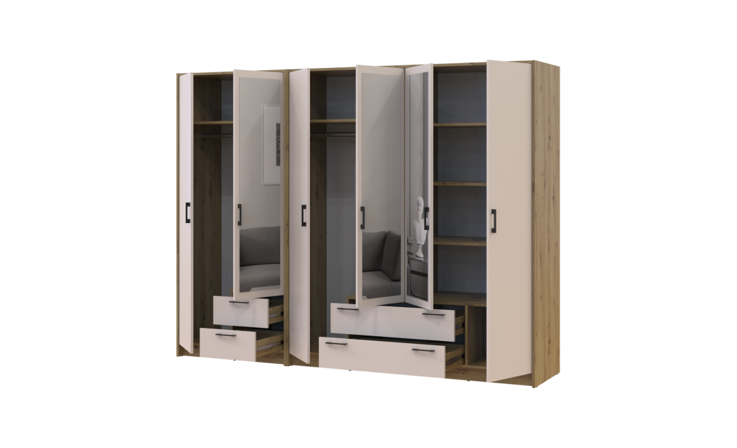 Kleiderschrank mit Spiegel Doros Rondi Artisan Eiche/Kaschmir 2+4 Türen 242x52x195 (42005657)
