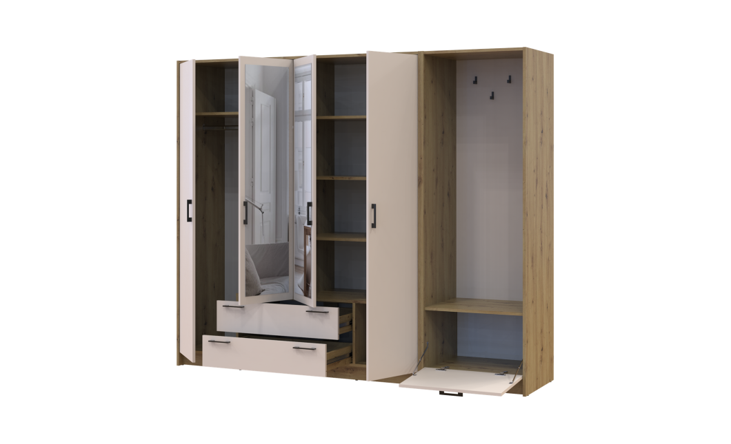 Drehtürenschrank Doros Rondi mit Kleiderstange und Spiegel Artisan Eiche/Kaschmir 4 Türen 220x52x195 (42005294)