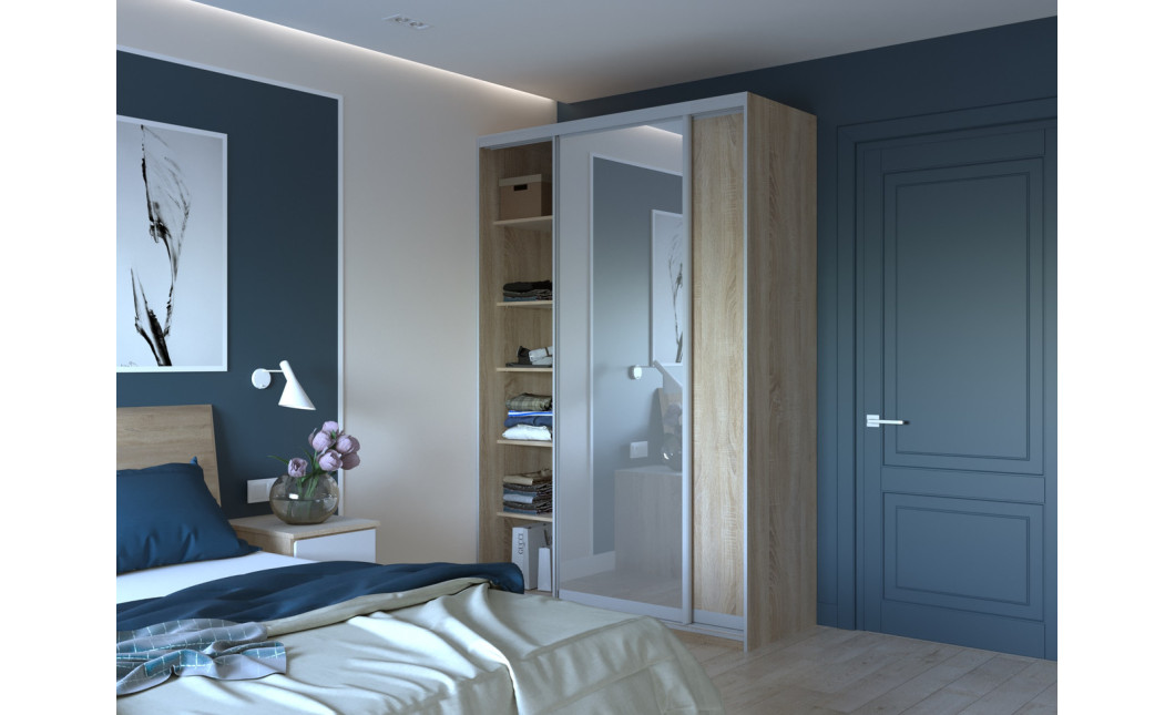 Kleiderschrank Doros City Light Schiebetüren Sonoma Eiche mit Spiegel 150x45x225 (42002037)
