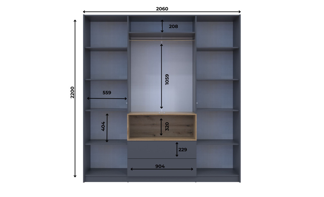 Kleiderschrank Doros Dale Anthrazit/Ewok Eiche 4 Türen 206x52x220 (44900527)