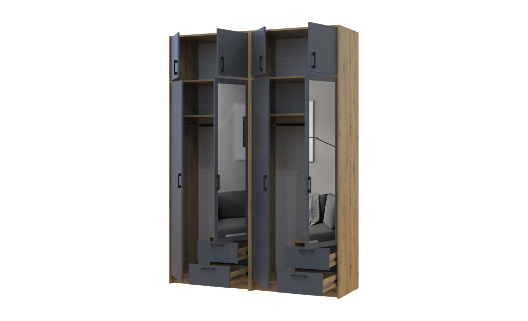 Kleiderschrank mit Spiegel und Aufsatz Doros Rondi Artisan Eiche/Graphit 2+2 Türen 164x52x236 (42005701)