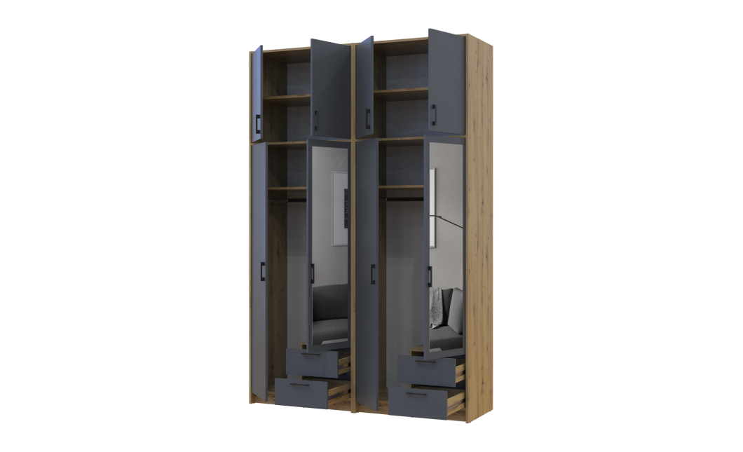 Kleiderschrank mit Spiegel und hohem Aufsatz Doros Rondi Artisan Eiche/Graphit 2+2 Türen 164x52x260 (42005713)