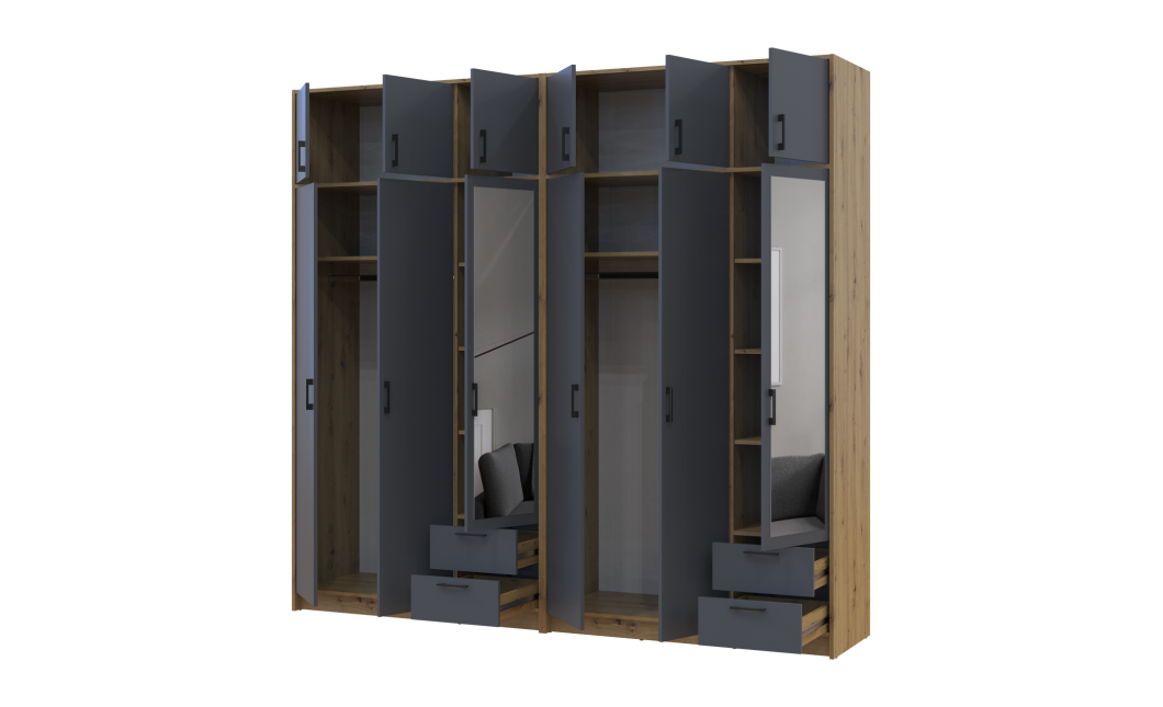 Kleiderschrank mit Spiegel und Aufsatz Doros Rondi Artisan Eiche/Graphit 3+3 Türen 242x52x236 (42005707)