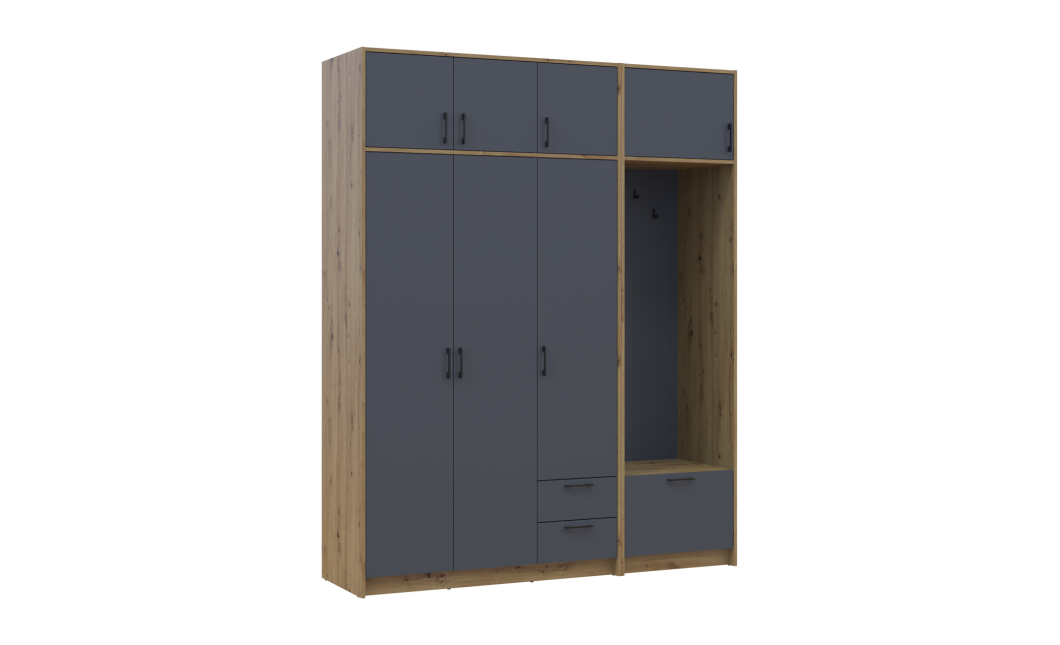 Drehtürenschrank Doros Rondi mit Kleiderstange und Oberschrank Artisan Eiche/Graphitgrau 3 Türen 181x52x236 (42005285)